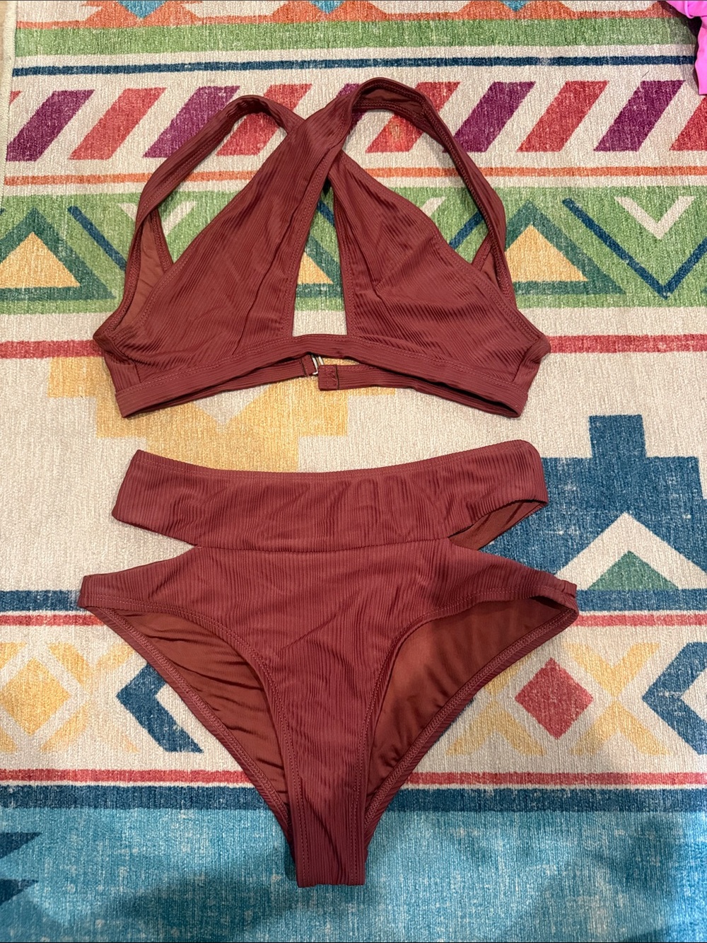 Ribbed Deep Rust High-Waist Bikini Set - Women Swim